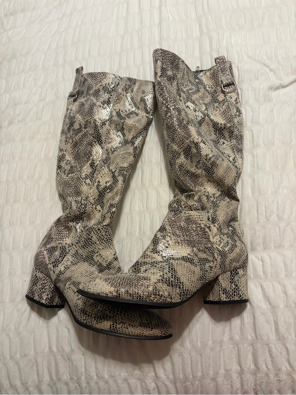 Snake-Print Mid-Calf Block Heel Boots - Beige/Black
